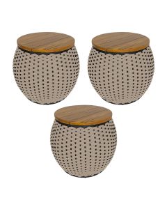 Kit 3 Puffs Barril Alumínio Tampo Madeira Corda Náutica Areia