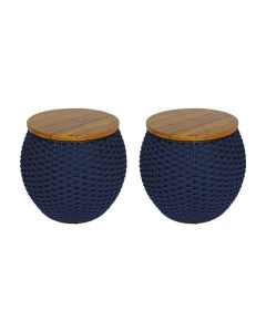 Kit 2 Puffs Barril Alumínio Tampo Madeira Corda Náutica Azul Marinho 