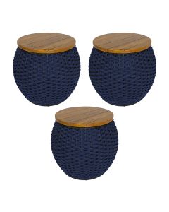 Kit 3 Puffs Barril Alumínio Tampo Madeira Corda Náutica Azul Marinho 