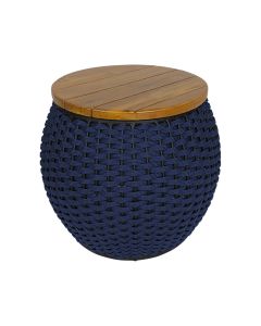 Puff Barril Alumínio Tampo Madeira Corda Náutica Azul Marinho 