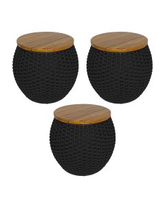 Kit 3 Puffs Barril Alumínio Tampo Madeira Corda Náutica Preto