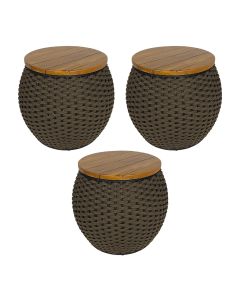 Kit 3 Puffs Barril Alumínio Tampo Madeira Corda Náutica Rami