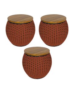 Kit 3 Puffs Barril Alumínio Tampo Madeira Corda Náutica Terracota