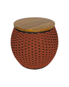 Puff Barril Alumínio Tampo Madeira Corda Náutica Terracota