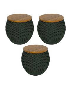 Kit 3 Puffs Barril Alumínio Tampo Madeira Corda Náutica Verde Militar